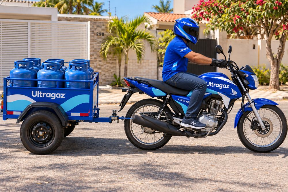 Entregador na moto com carretinha de botijões